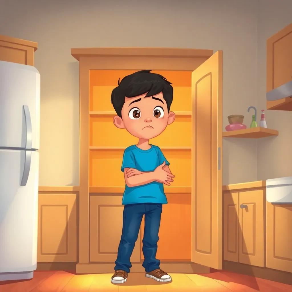 A young Arab boy, Khaled, with short black hair, wearing a blue t-shirt and jeans, opening a bare cupboard in a cozy kitchen, looking surprised and disappointed, warm lighting, inviting atmosphere, high quality