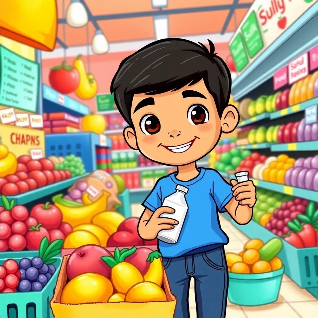 A cheerful young Arab boy, Khaled, with short black hair, wearing a blue t-shirt and jeans, in a colorful grocery store, holding various fruits and a bottle of milk, vibrant colors, busy and lively background, child-friendly illustration, high quality