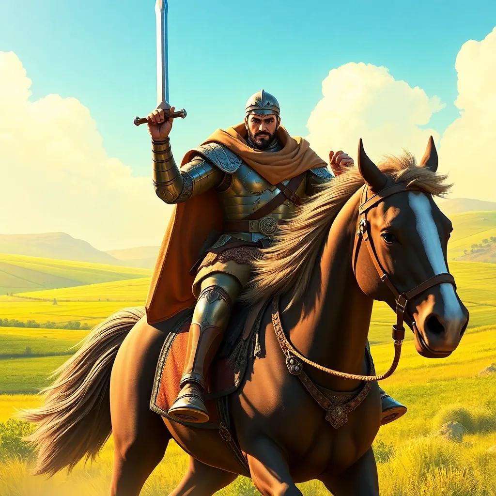 A strong warrior named Khalid bin Waled, wearing shining armor and holding a sharp sword, riding a majestic horse in a sunny landscape with green fields, digital art, vibrant colors, energetic atmosphere, high quality