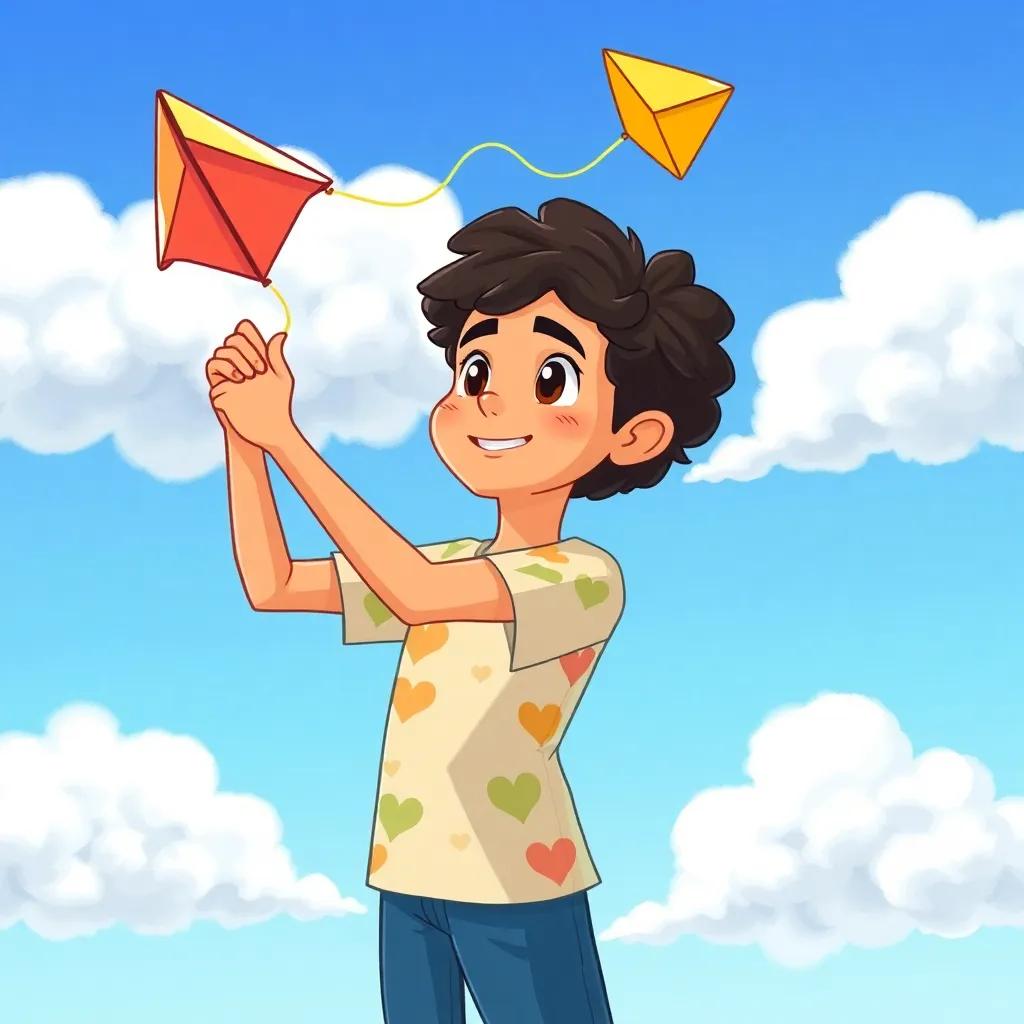 Khalid, a young Arab boy, with curly black hair, wearing a colorful t-shirt, flying a kite high in the sky, with fluffy white clouds, bright blue sky, fun and exciting scene, illustration, child-friendly, vibrant colors