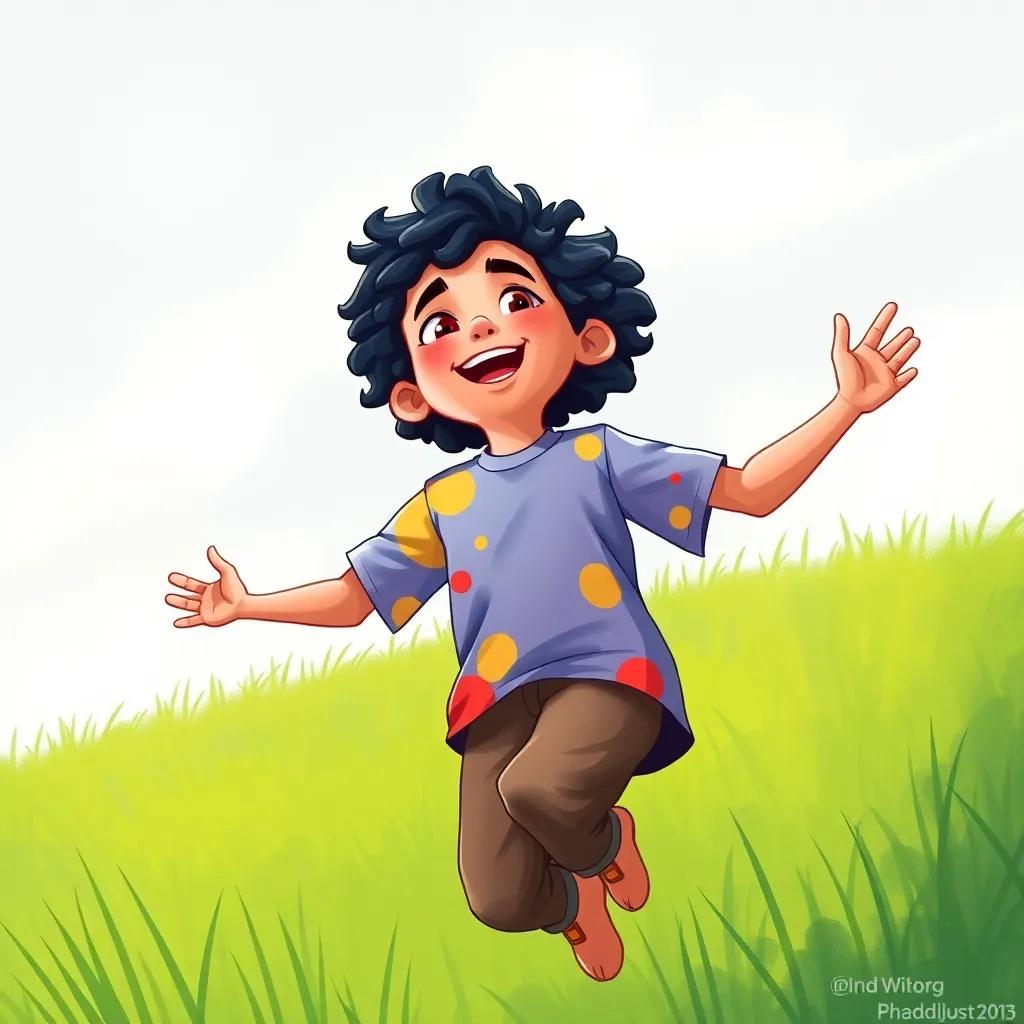 Khalid, a young Arab boy, with curly black hair, wearing a colorful t-shirt, jumping joyfully as his kite soars above him, green grass around, feeling like a superhero, digital painting, uplifting, warm lighting