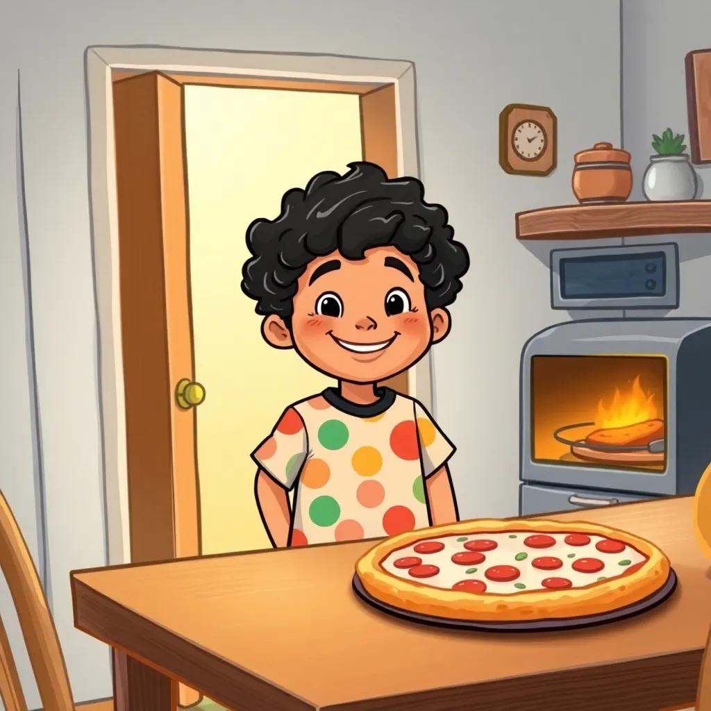 Khalid, a young Arab boy, with curly black hair, wearing a colorful t-shirt, entering his home with a big smile, pizza on the table, fresh from the oven, cozy kitchen, delicious aroma, inviting scene, warm light