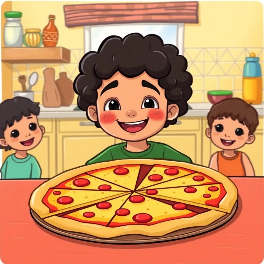 Khalid, a young Arab boy, with curly black hair, sitting at the table with a big pizza, six cheesy slices in front of him, smiling happily, family atmosphere, colorful kitchen, illustration, cheerful