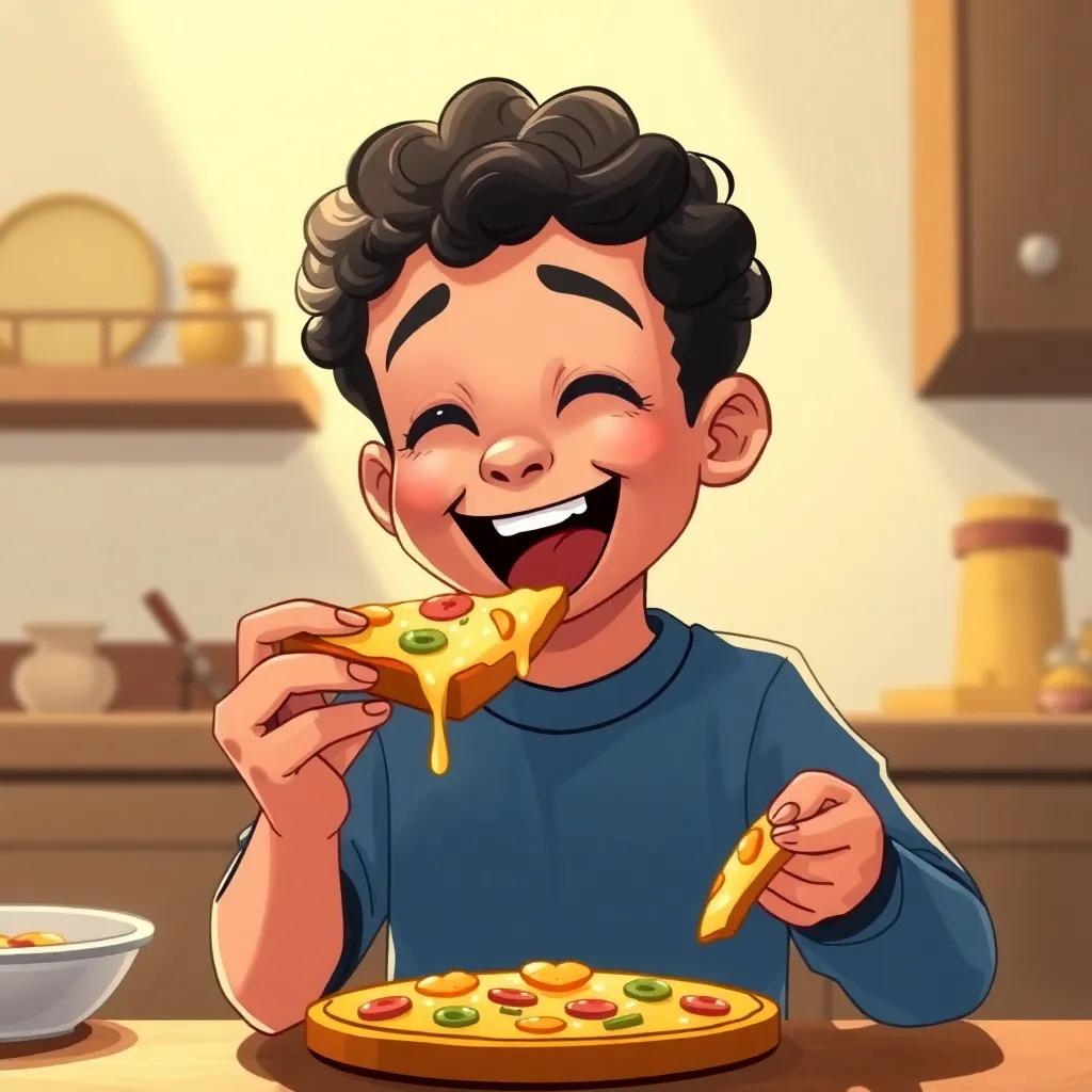 Khalid, a young Arab boy, with curly black hair, joyfully biting into a slice of pizza, happiness on his face, filled with cheesy delight, warm kitchen light, engaging scene, digital art