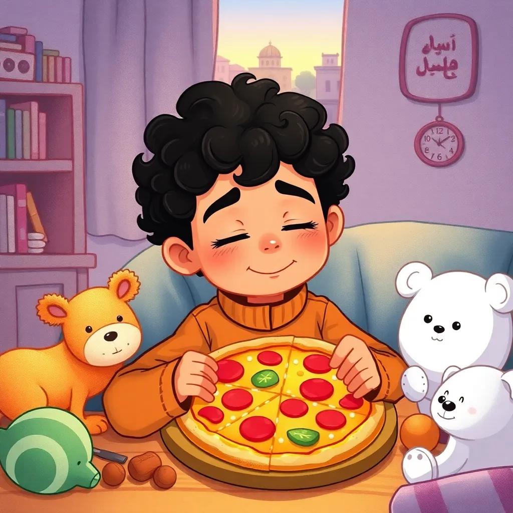 Khalid, a young Arab boy, with curly black hair, feeling full and content after eating pizza, surrounded by his toys in a cozy room, sleepy smile, evening light, dreamy atmosphere, illustration