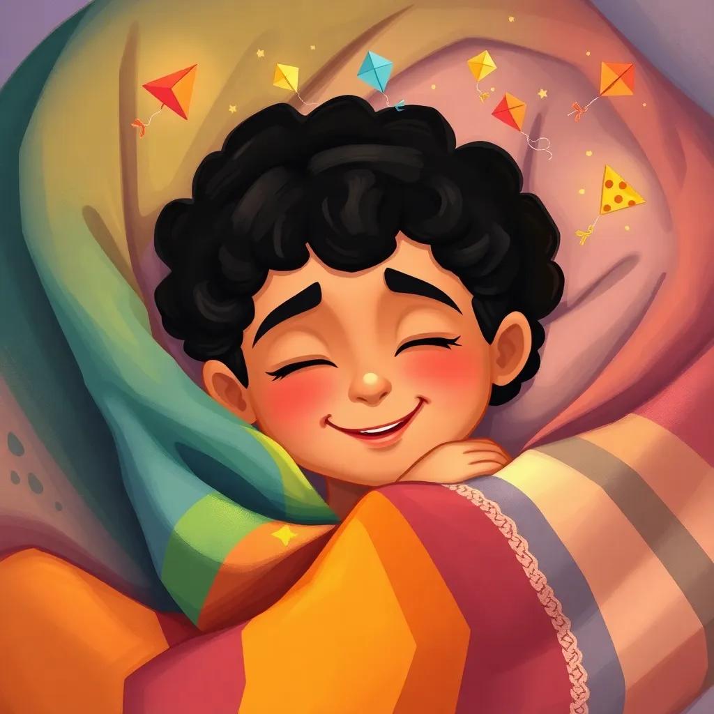 Khalid, a young Arab boy, with curly black hair, snuggled under a colorful blanket, smiling in his sleep with dreams of kites and pizza, soft warm light, comforting scene, digital painting