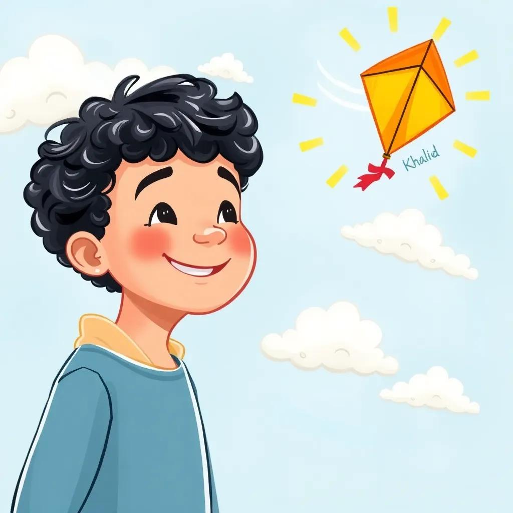 Khalid, a young Arab boy, with curly black hair, smiling in his dream, imagining flying a kite in the sky, with clouds and sunshine, whimsical atmosphere, illustration, child-friendly, vibrant colors