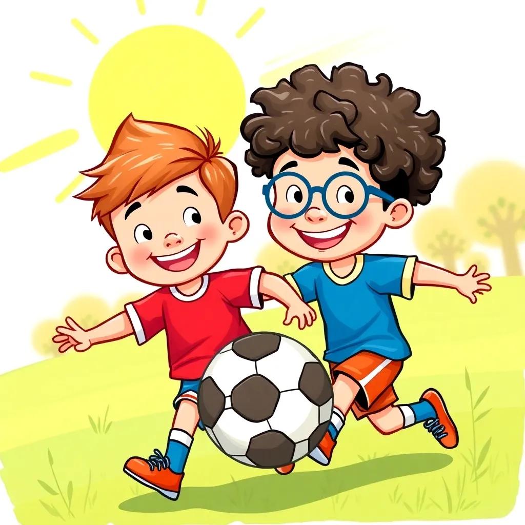 Two boys, Tommy and Jake, smiling as they play soccer together. Tommy is wearing a red jersey while Jake, who has curly hair and glasses, is wearing a blue jersey, sunny day, vibrant teamwork spirit, cheerful atmosphere