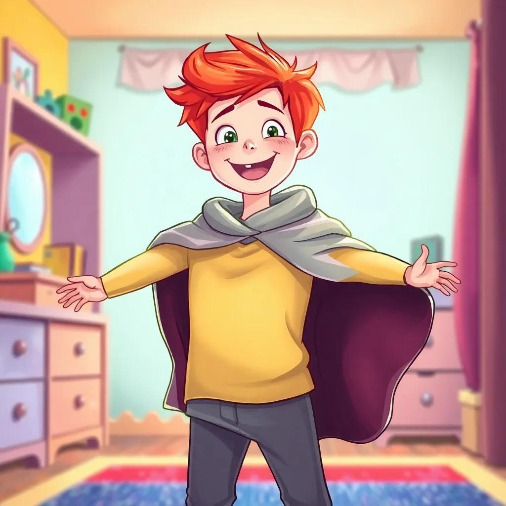 A cheerful boy, Kieran McRee, with bright red hair wearing a makeshift shiny cape made from a blanket, pretending to fly in his colorful room, digital art, vibrant colors, energetic atmosphere, high quality
