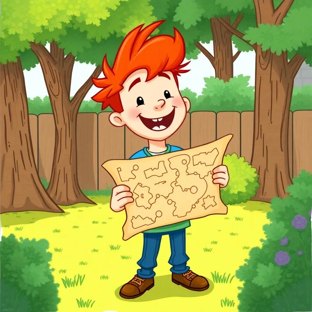 Kieran McRee, a cheerful boy with bright red hair, excitedly holding a mysterious treasure map in his backyard, surrounded by trees and bushes, illustration, adventurous, playful atmosphere, child-friendly