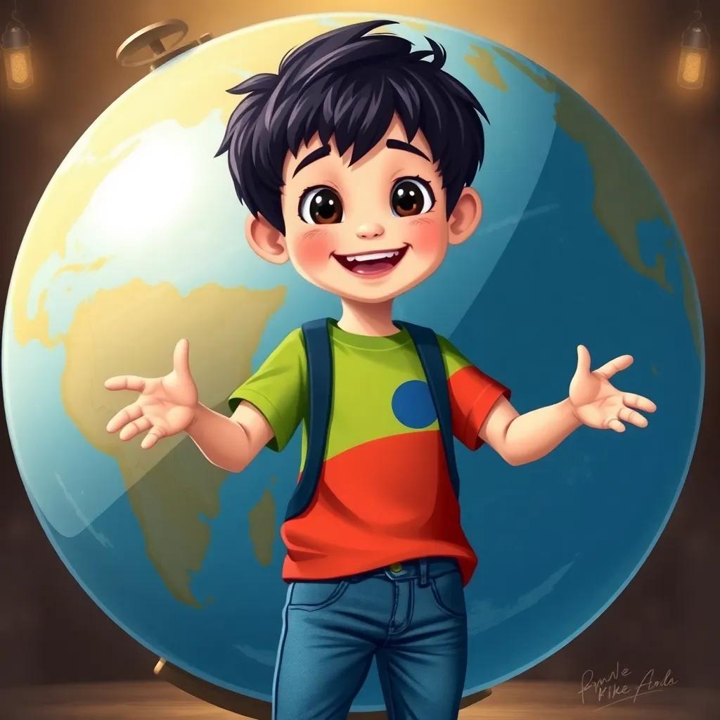 A cheerful young boy, Kike, with short black hair, wearing a colorful t-shirt and jeans, standing by a globe, looking excited to explore the world, digital art, bright colors, inviting atmosphere, high quality