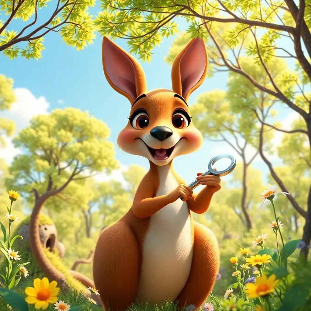 A sunny day in the Australian bush with Kiki the kangaroo holding a shiny key, vibrant green trees and wildflowers around, cheerful atmosphere, digital art, joyful colors, playful vibe, high quality
