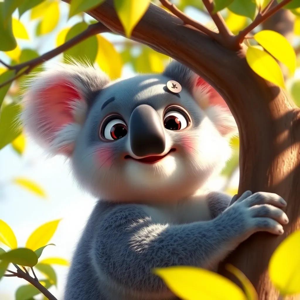 A friendly grey koala looking up from a tree with curious eyes, bright sunlight filtering through leaves, close-up view, colorful backdrops, cute and engaging, high detail