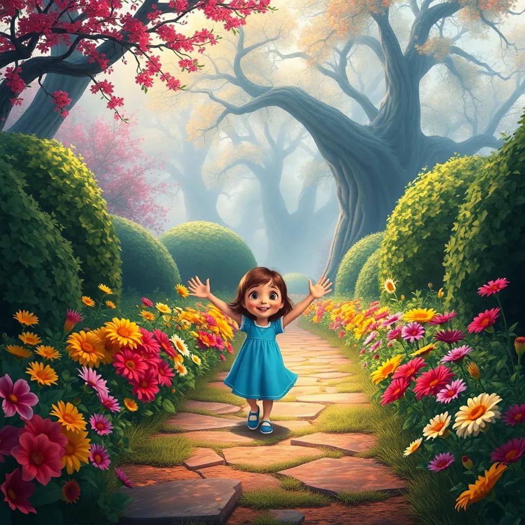 Kiki arriving at a mysterious path with colorful flowers lining it, bushes and trees surrounding, excitement in her eyes, whimsical and enchanting, detailed art, high quality