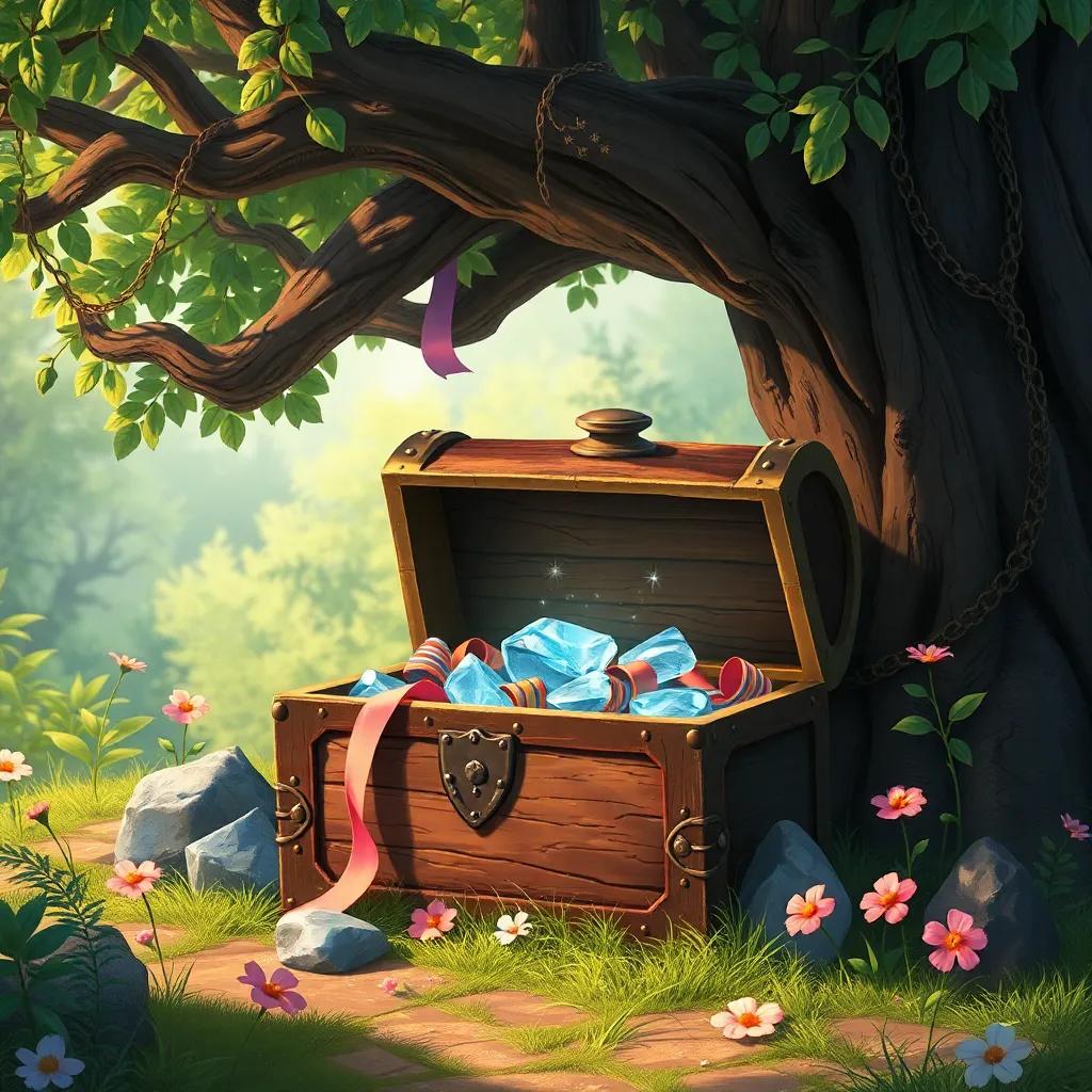 An old treasure chest under a tree, slightly opened, revealing colorful ribbons and sparkling rocks, magical feel, surrounded by greenery and flowers, captivating illustration, enchanting