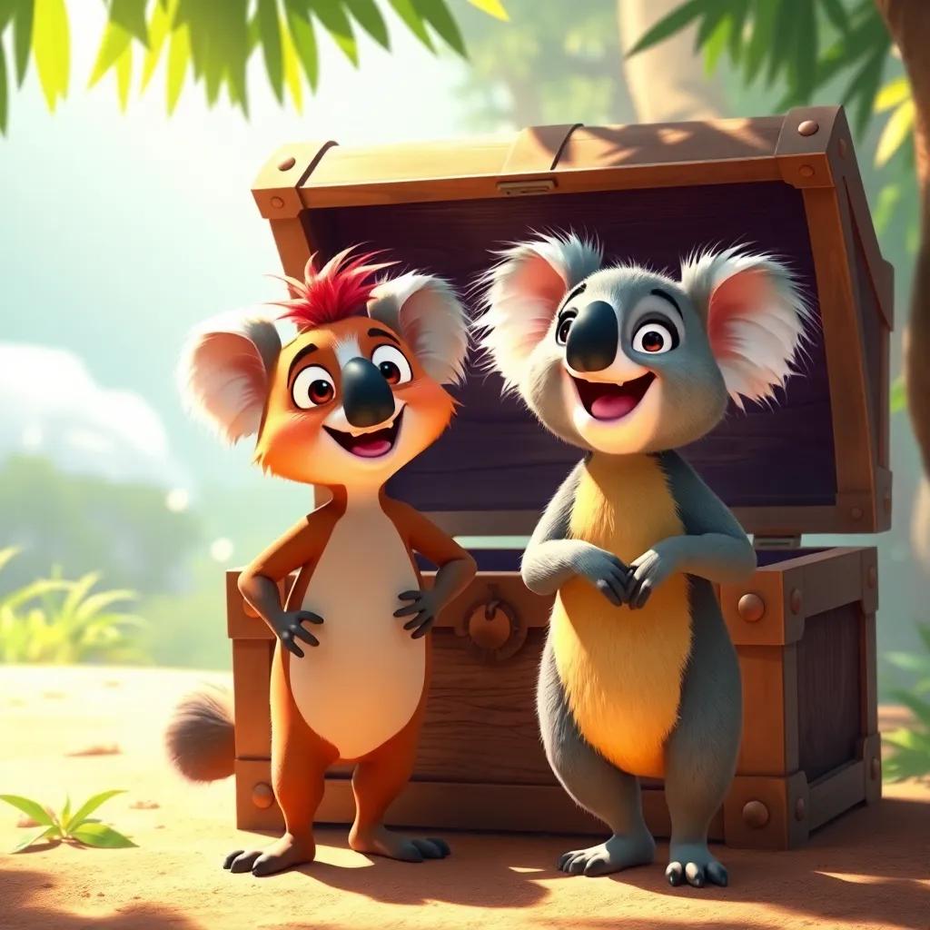 Kiki and Koala standing together, looking excited and happy in front of the open treasure chest, bright sunlight, joyful expressions, rich colors, heartwarming scene, high quality