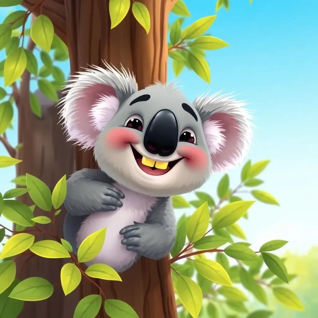 Kevin, a cheerful koala with yellow teeth and fluffy gray fur, peeking out from a tall eucalyptus tree, surrounded by green leaves and a blue sky, joyful expression, illustration, whimsical, playful vibe, colorful