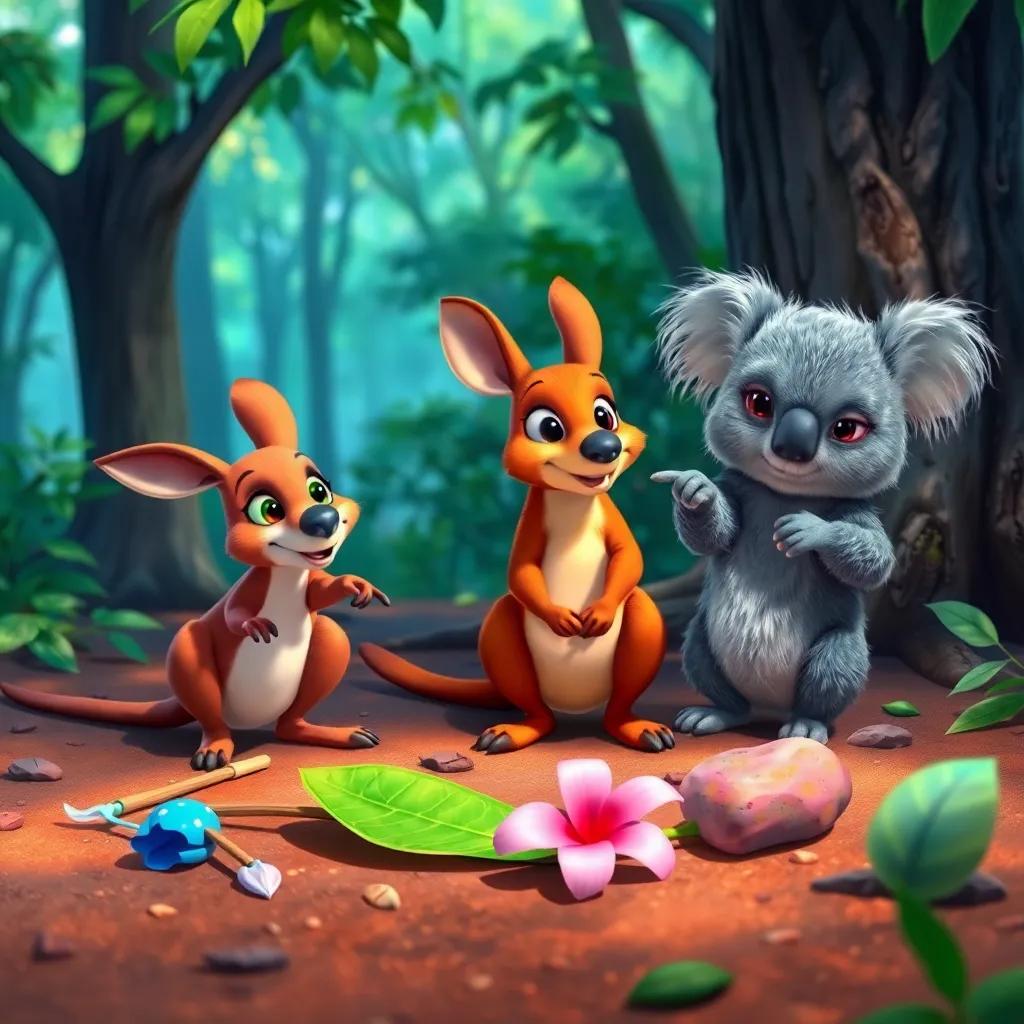 A colorful assortment of whimsical props like a bright green leaf and pink flower laid out on the forest floor, with Kiki the kangaroo and Kevin the koala excitedly pointing at them, detailed digital illustration, vivid colors, enchanting atmosphere, high quality