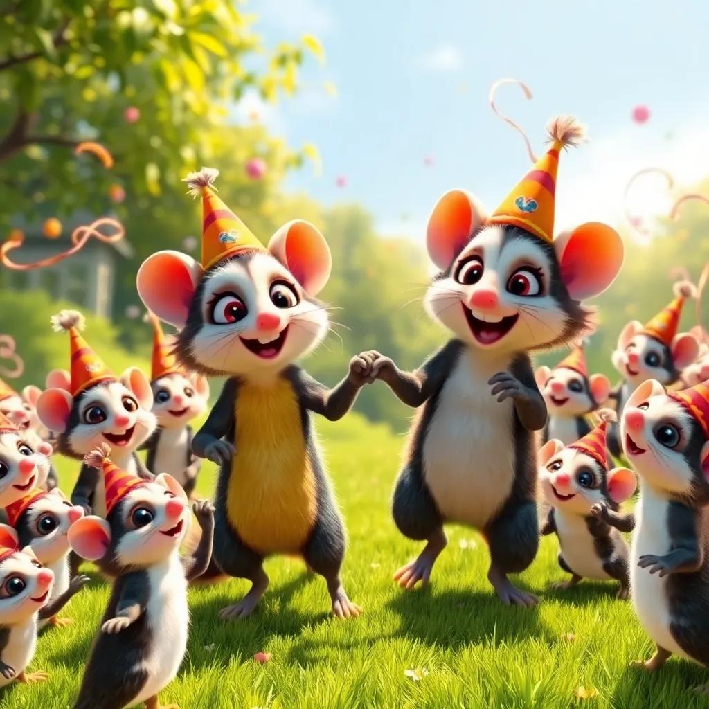 Kiki and Kevin, surrounded by a group of cheerful possums wearing tiny hats and streamers, dancing in a sunny glade, colorful party scene, joyful energy, digital art, vibrant colors, fun, high quality