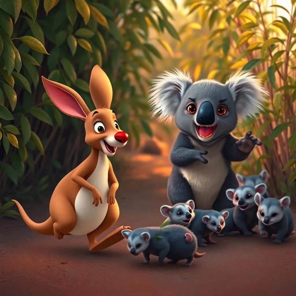 Kiki the kangaroo with her red nose and Kevin the koala with yellow teeth, stepping forward cautiously toward the bushes, where playful possums are tumbling, delightful curiosity, digital art, warm colors, dynamic scene, high quality