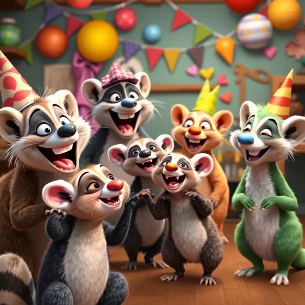 The group of animals, including Kiki and Kevin, all laughing and welcoming the playful possums to the party, showcasing a fun gathering with props and decorations in the background, bright colors, friendly atmosphere, high quality