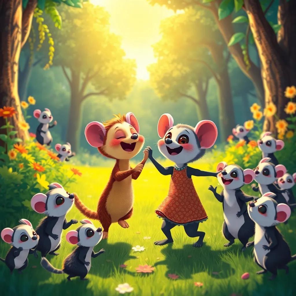Kiki and Kevin, now surrounded by their possum friends, joyfully dancing in the glade under the sunlight, filled with colors and laughter, celebratory feel, illustration, vibrant, child-friendly, high quality