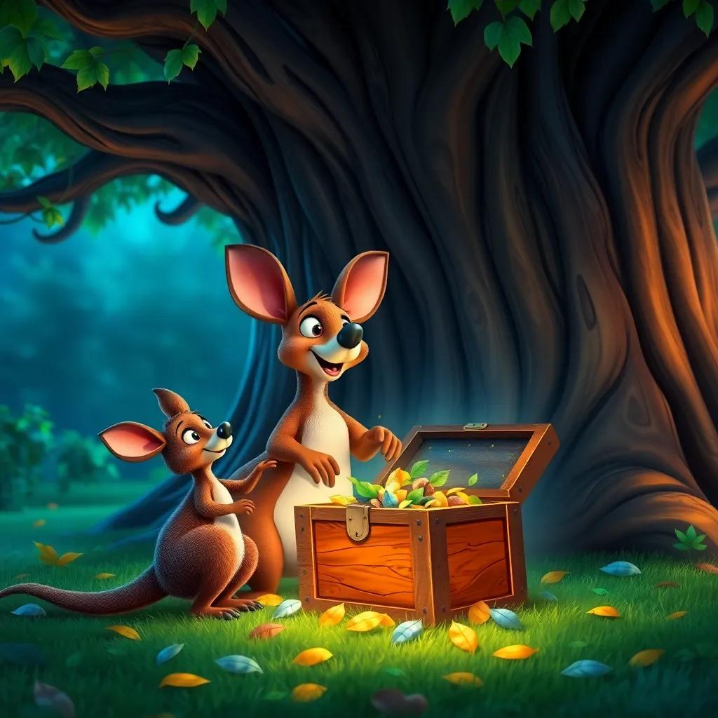 Kiki the kangaroo eagerly pulling open a colorful wooden treasure box under a big old mysterious tree, filled with shiny leaves and treasures, excitement is seen on their faces, digital art, enchanting, vivid lighting, high quality