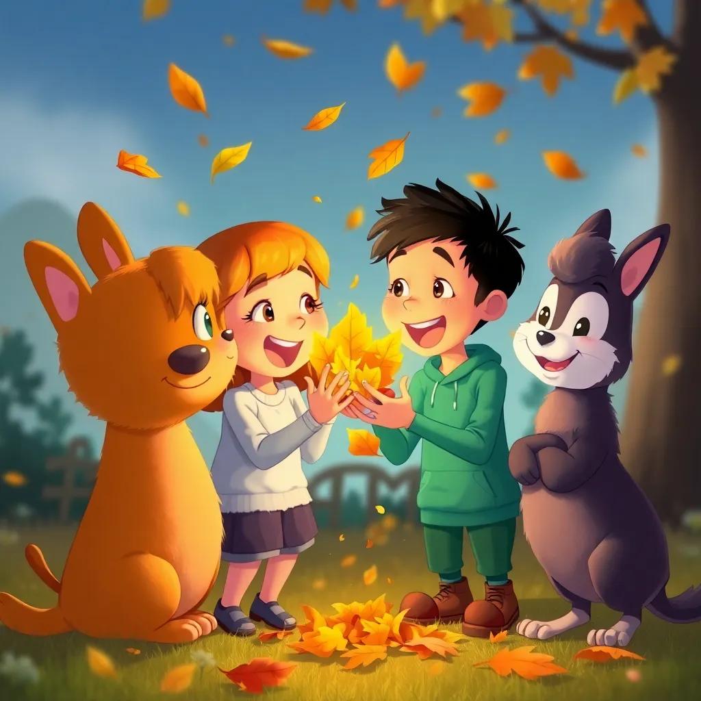 Kiki and Kevin excitedly sharing their treasure of shiny leaves with their new friends, showcasing a heartwarming moment of friendship and joy, warm colors, joyful expressions, detailed illustration, high quality