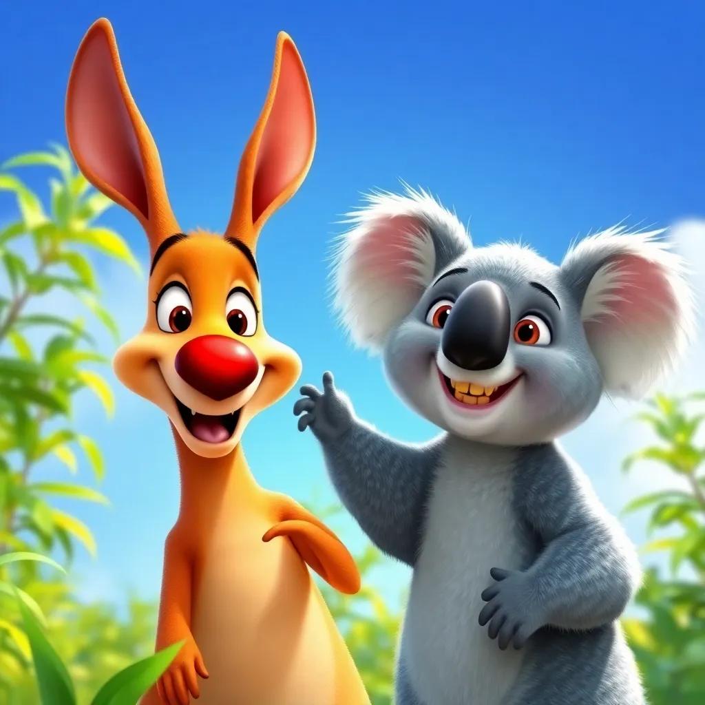 Kiki the kangaroo with a bright red nose and Kevin the koala with yellow teeth, smiling under a bright blue sky, unity and friendship celebrated with vibrant greenery all around, digital art, cheerful, nostalgic feeling, high quality