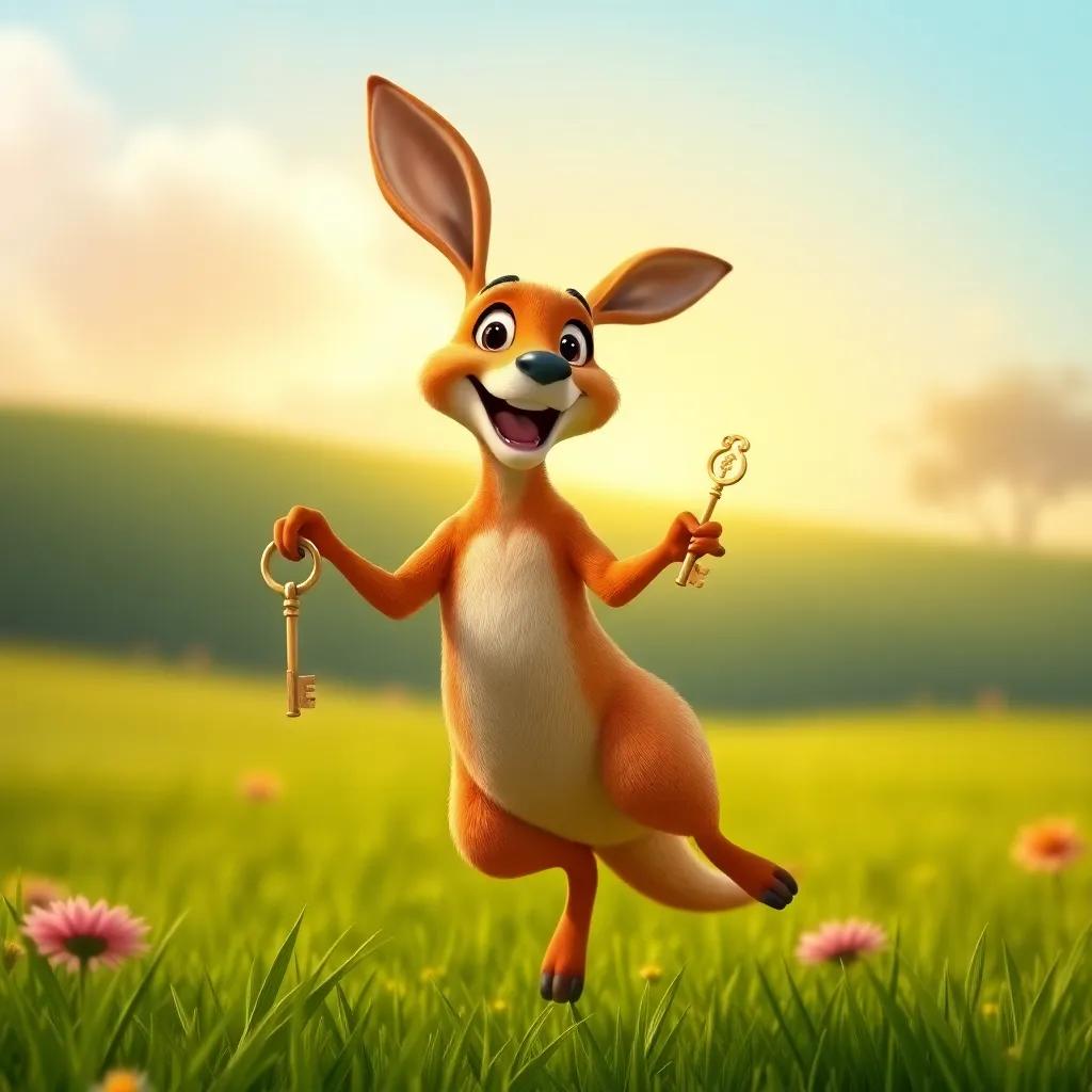 Kiki the Kangaroo, a cheerful kangaroo with large ears and a fluffy tail, holding a shiny key in her paw, jumping joyfully in a sunny green field, vibrant colors, happy atmosphere, high quality