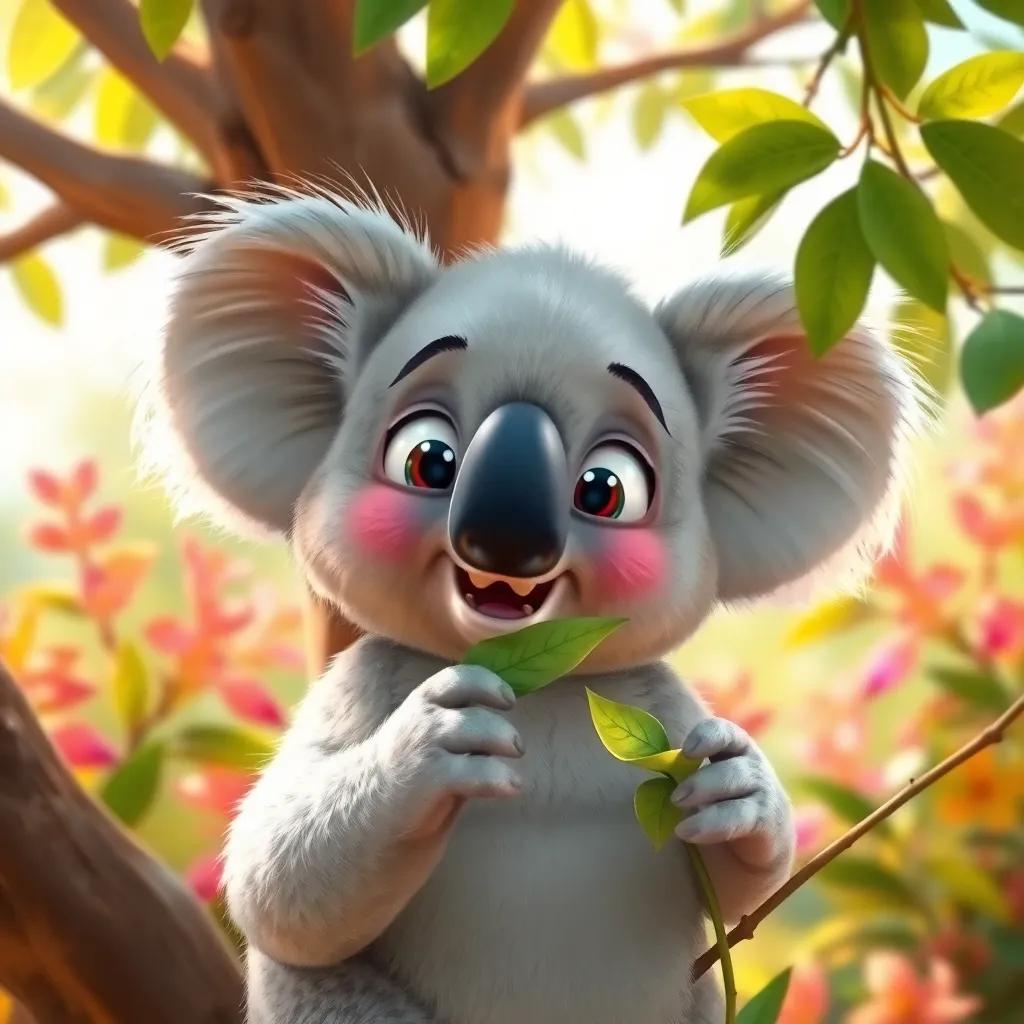 Kevin the Koala, an adorable koala with big round ears and fluffy fur, munching on a eucalyptus leaf under a tree, surprised expression, bright sunlight, colorful flora, whimsical scene, high quality