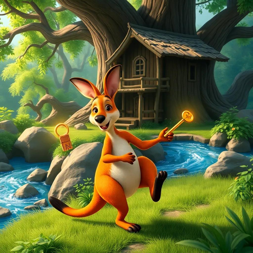 Kiki the Kangaroo, with the shiny key in her paw, hopping towards an old, wooden treehouse near a sparkling river, lush greenery surrounding, adventurous feel, playful atmosphere, high quality