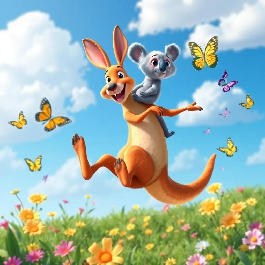 Kiki the Kangaroo, happily leaping in the air, while Kevin the Koala rides on her back, with colorful flowers and butterflies around them, bright blue sky with fluffy clouds, fun and energetic vibe, high quality