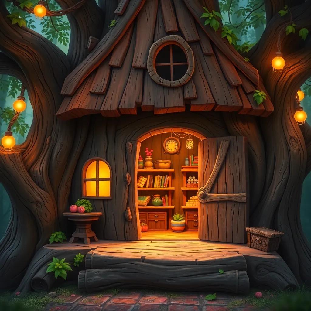 The old treehouse, rustic and creaky, with a large door slightly open revealing a room filled with colorful treasures, warm glow from inside, whimsical and magical scene, high quality