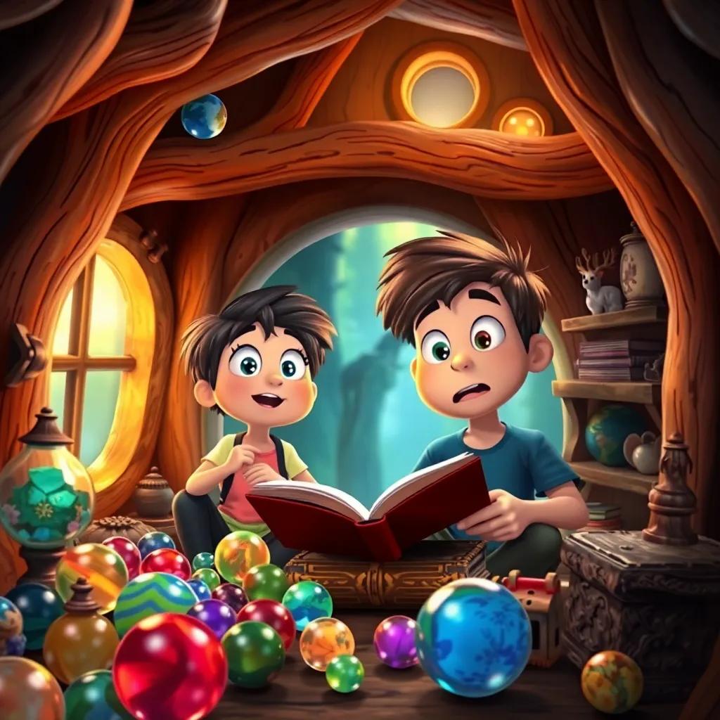 Kiki and Kevin inside the treehouse, surrounded by shiny marbles, old toys, and an ancient book, amazed expressions, cozy and adventurous atmosphere, colorful treasures, high quality