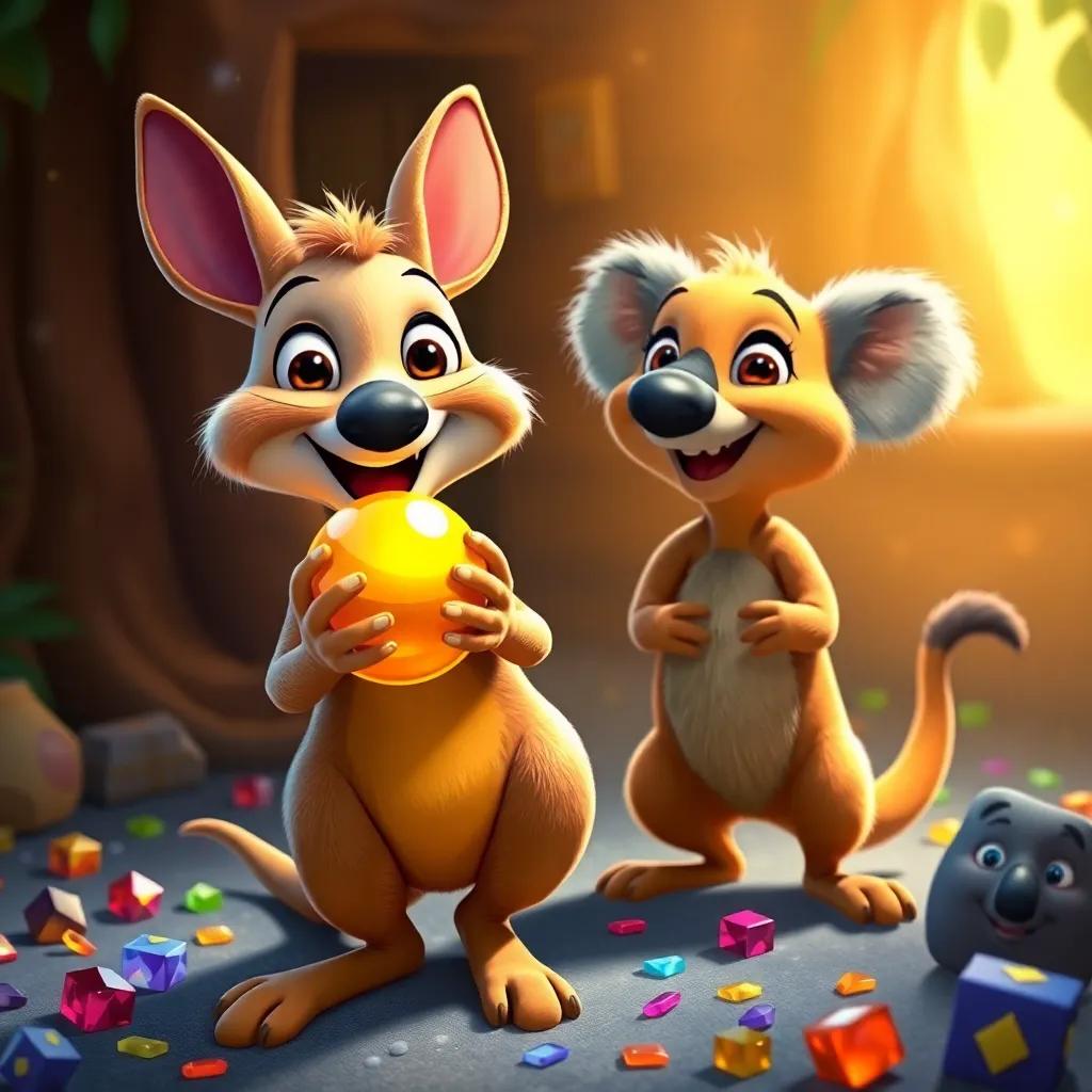 Kiki the Kangaroo holding a golden ball, excitedly grinning, with Kevin the Koala beside her, colorful treasures scattered around, joyful and enthusiastic, magical atmosphere, high quality