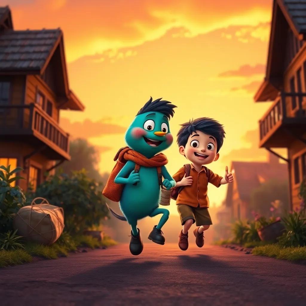 Kiki and Kevin hopping back home, filled with bags of treasures, sunset painting the sky with warm hues, excitement visible on their faces, adventure feels, high quality