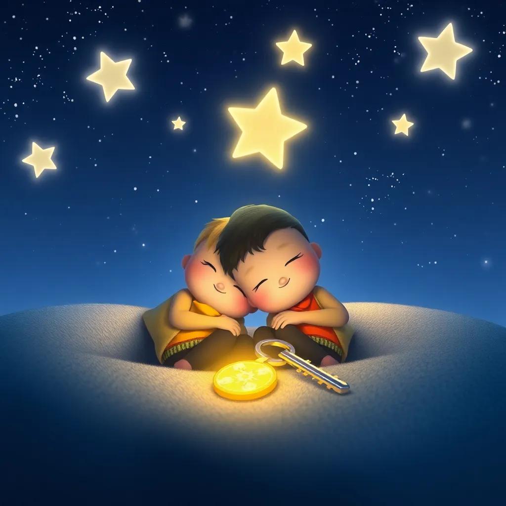 Kiki and Kevin cuddled up under twinkling stars, the shiny key resting beside them, peaceful scene with a dreamy atmosphere, soft illumination, high quality