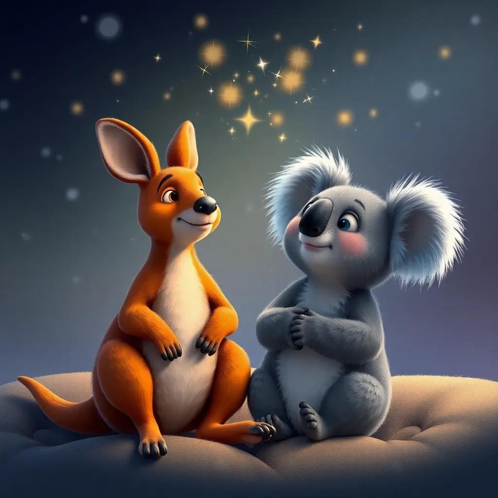 Kiki the Kangaroo and Kevin the Koala dreaming about their next adventure, sparkles of imagination above them, cozy and heartwarming atmosphere, high quality