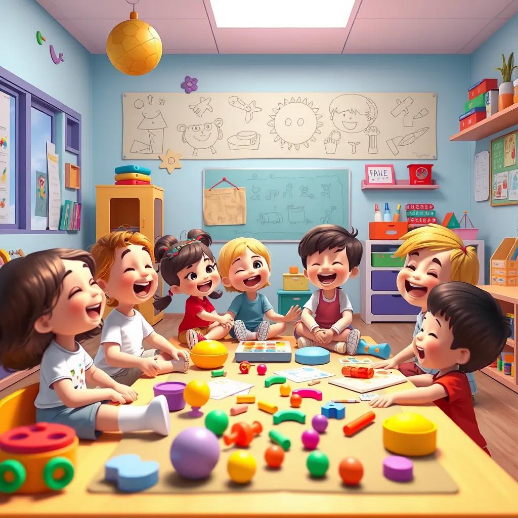 A bright kindergarten classroom with children happily playing together, colorful toys and drawings everywhere, kids laughing, vibrant colors, cheerful atmosphere, digital art