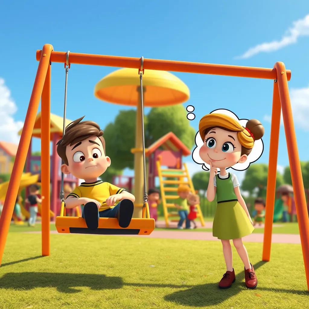 A sunny playground filled with children, Sam looking sad on a swing set, Lily with a big smile thinking of an idea, colorful playground equipment, heartwarming scene