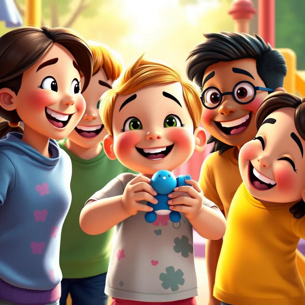 Sam holding his toy, surrounded by happy friends, smiles and laughter, colorful playground background, warm light, celebrating friendship, joyful moment