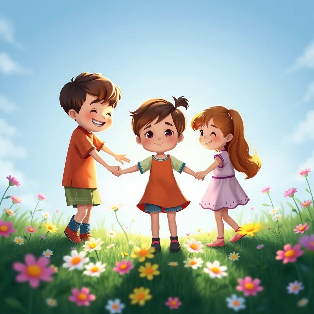 A group of kindergarten kids, holding hands and playing in a circle, bright flowers around them, showcasing kindness and friendship, beautiful scenery, heartwarming touch