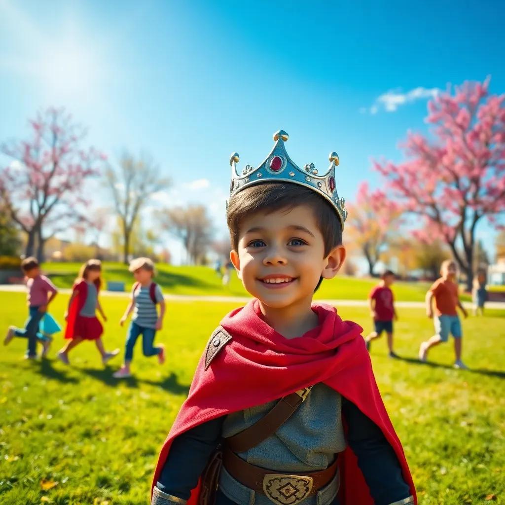 A young boy named King V, with a cool red cape, playing in a sunny park with friends, cheerful atmosphere, bright blue sky, colorful green grass, digital art, vibrant, playful vibe, high quality