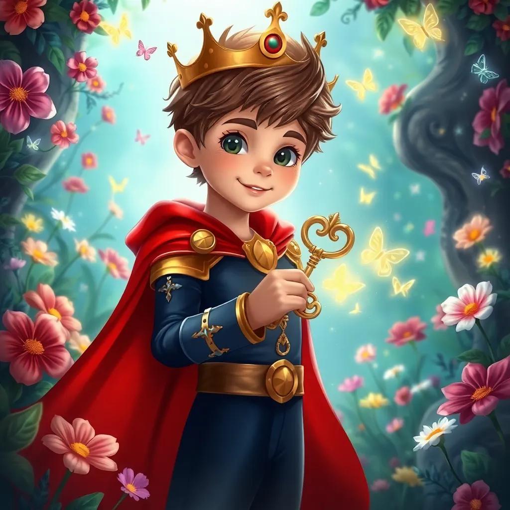 King V, a young boy with a red cape, holding a shiny key in a hidden magical garden, surrounded by colorful flowers and sparkling butterflies, illustration, whimsical, enchanting scene, high quality