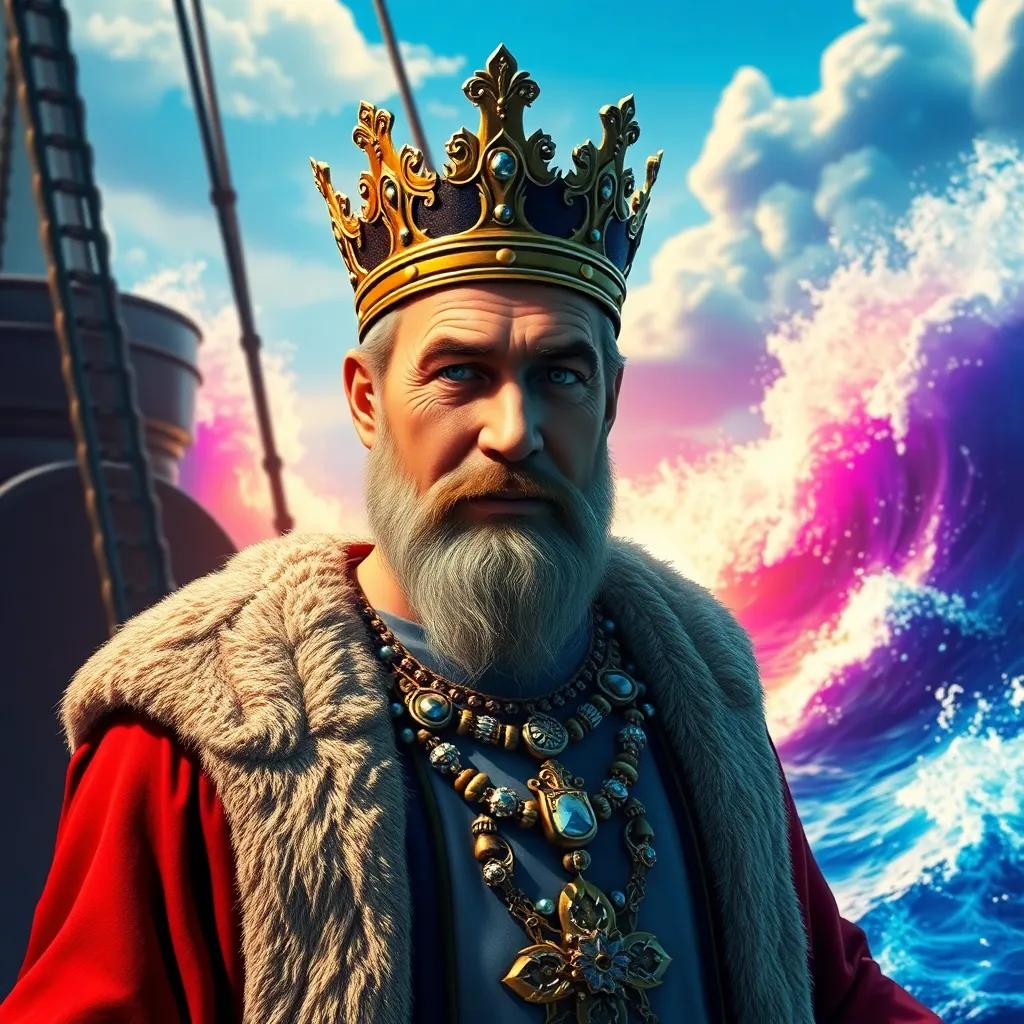 A king named Wonder, a middle-aged man with a crown and royal robes, standing on a ship deck with vibrant waves crashing around him, digital art, colorful, lively atmosphere, high detail