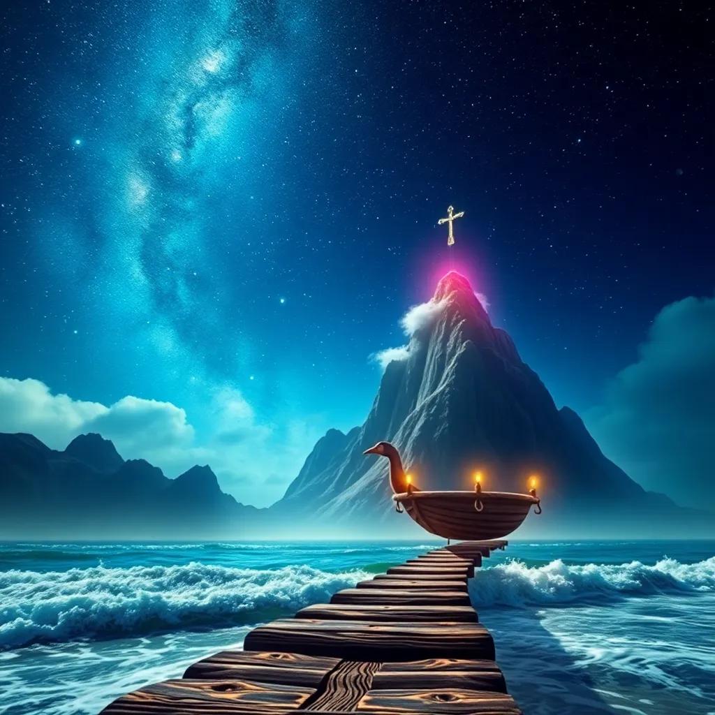 A magical mountain under a starry sky, with King Wonder floating on a wooden plank, waves crashing on the shore, mystical aura, captivating view, colorful