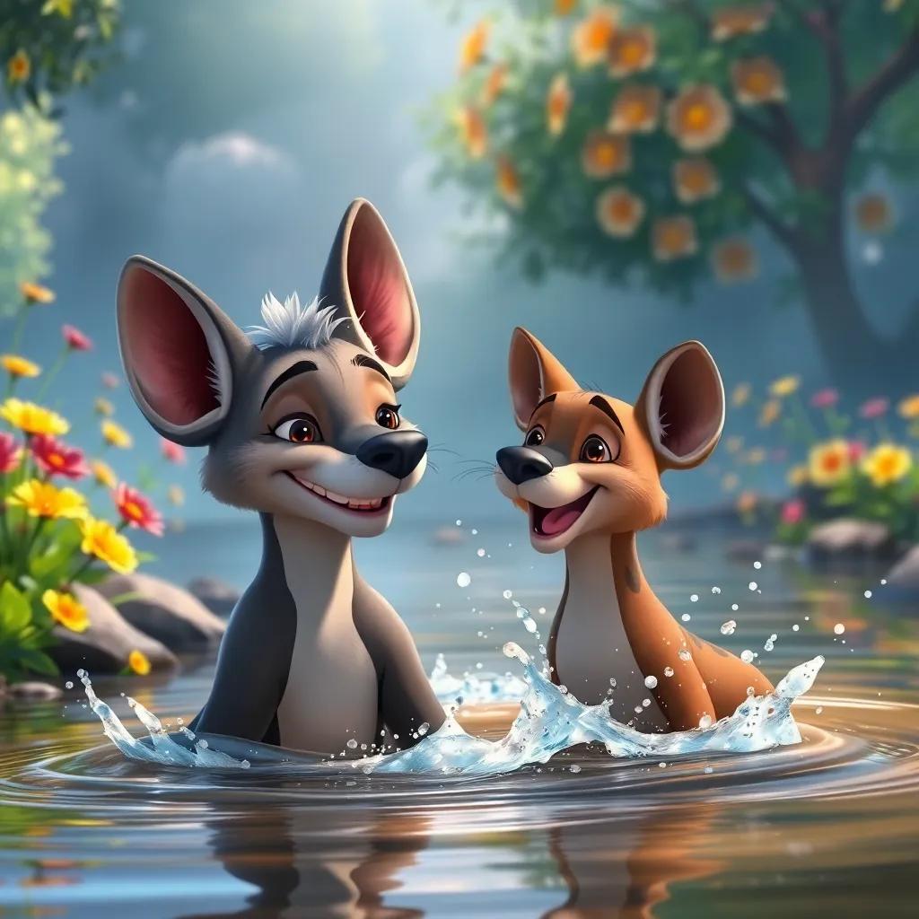 A clever hyena, Jasiri, with gray fur and big ears, smiling at Kion as they splash in the river, vibrant flowers swaying in the breeze, enchanting setting, joyful scene, high quality