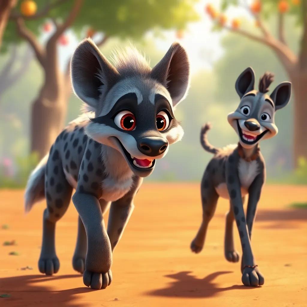 Jasiri, a brave hyena, walking down, sparkling eyes, and beautiful fur, Mlinzi by her side smiling, bright day, festive scene, warm colors, high quality