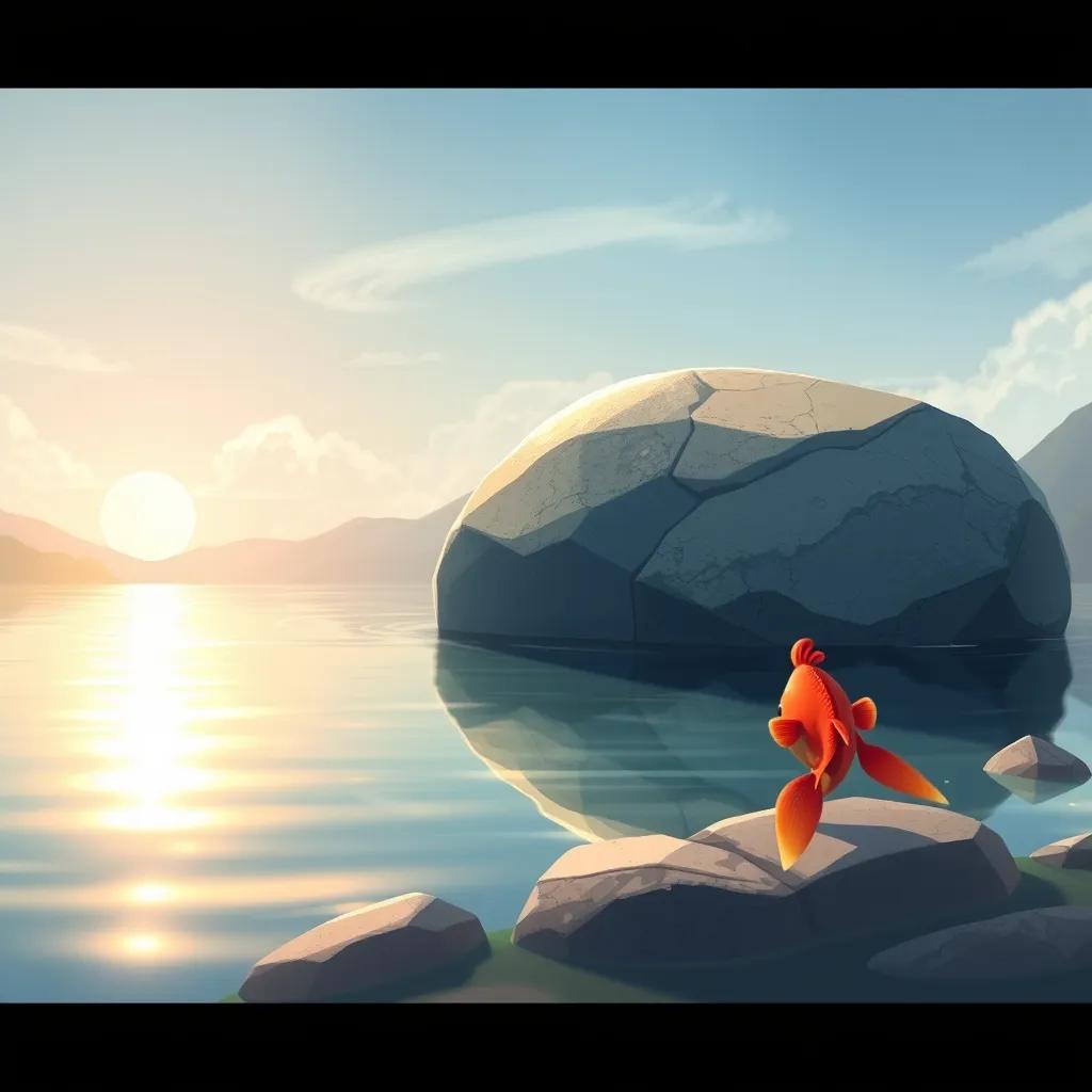 Rüzgar, the red fish, curiously looking at a large rock in the calm part of the lake, with sunlight shimmering on the water surface, creating a magical atmosphere, illustration, soft colors, child-friendly